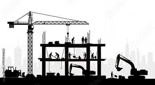 Silhouette of Construction Site with Workers and Machinery