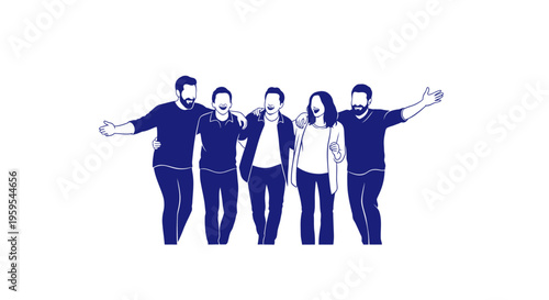 Diverse group of happy friends hugging, laughing, and smiling.