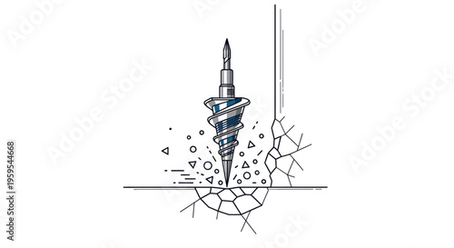 Drill bit breaking through surface, creating cracks and debris