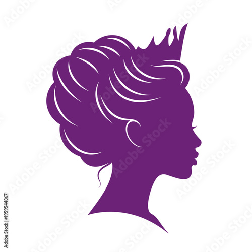 Elegant purple woman head silhouette with crown and elaborate hairstyle