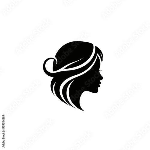 Elegant woman head silhouette profile with flowing hair