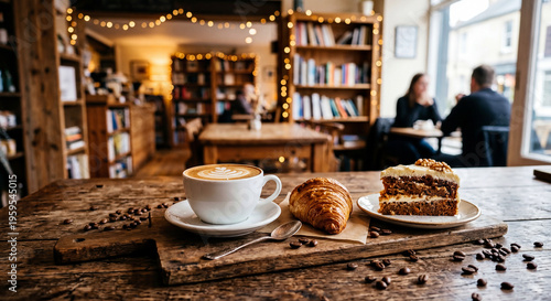 Latte art coffee, croissant, and slice of cake on rustic wooden table in cafe