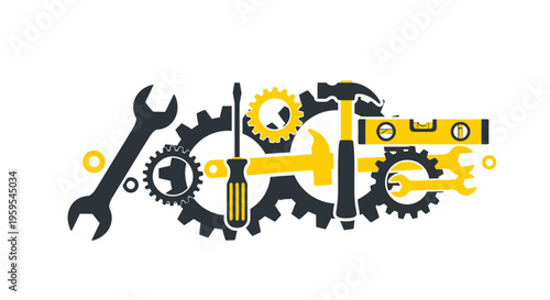 Flat design illustration of various tools and gears
