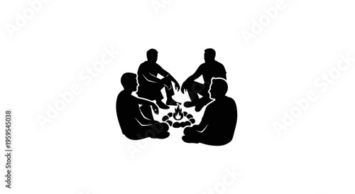 Four people sitting around a campfire in an outdoor setting
