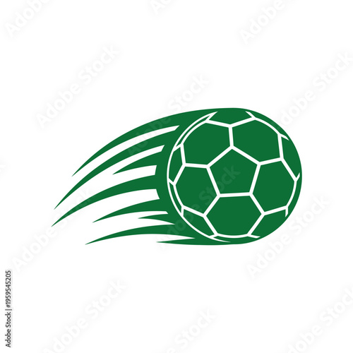 Green soccer ball flying fast with dynamic motion lines