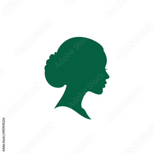 Green woman's head silhouette in profile with elegant bun