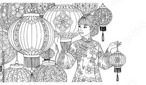 Elegant Chinese Lantern Girl Zentangle Coloring Page Vector Art