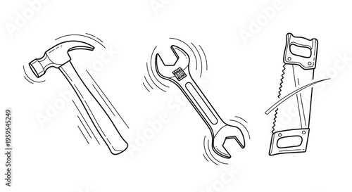 Hand drawn hammer wrench and saw illustration set