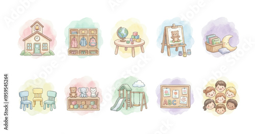 Watercolor Kindergarten Clipart Set — 10 Preschool & Classroom Elements PNG SVG Vector Illustration
