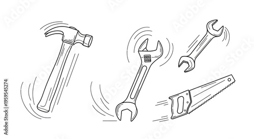 Hand tools hammer wrenches saw sketch doodle illustration