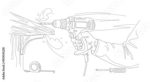 Hand drilling wood with electric drill, tools nearby.