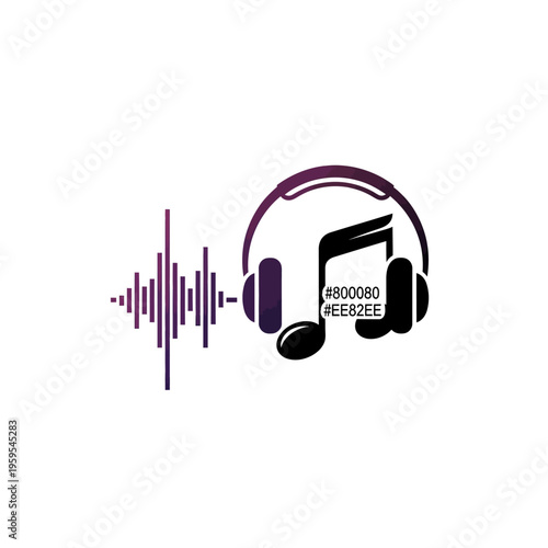 Headphones with musical note and sound wave graphic icon