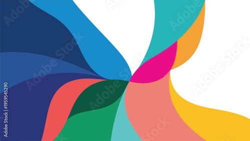 Colorful, abstract design featuring overlapping, curved shapes on white