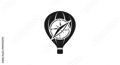 Hot air balloon with compass rose stylized black and white icon
