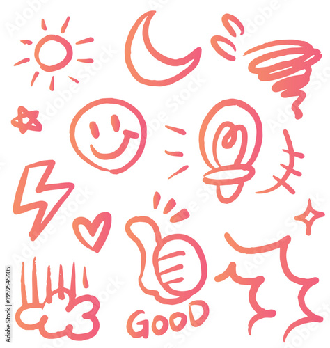 手書きのイラストセット 天気 表情 電球 焦る 困る びっくりする