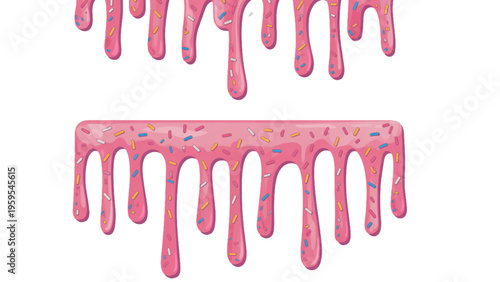 Pink strawberry icing glaze drips with colorful sugar sprinkles for sweet dessert decorations Vector
