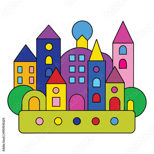 A vibrant cartoon cityscape bursting with bold colors, playful buildings, winding streets, and lively details, creating a cheerful urban scene full of fun, energy, and imagination.
