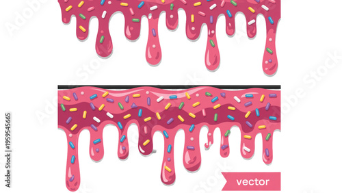 Pink strawberry glaze frosting dripping with colorful candy sprinkles in a decorative border pattern Vector