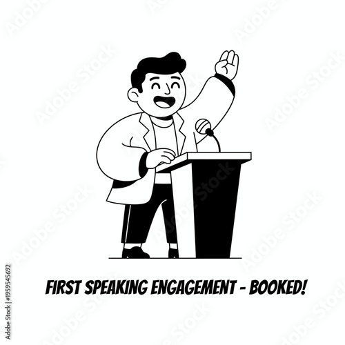 Man Speaking Enthusiastically at Podium with Raised Hand.