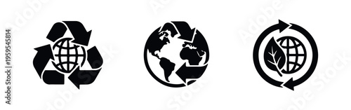 Set of three black and white icons for global recycling, sustainability, and environmental protection featuring a globe, leaf, and arrows.
