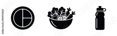 Icons representing a healthy lifestyle featuring a divided portion plate, a fresh salad bowl, and a sports water bottle.