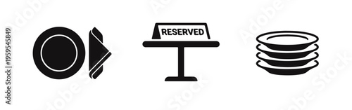 Set of minimalist restaurant icons featuring a plate with a napkin, a reserved table sign, and a stack of dishes, in a flat black vector style.