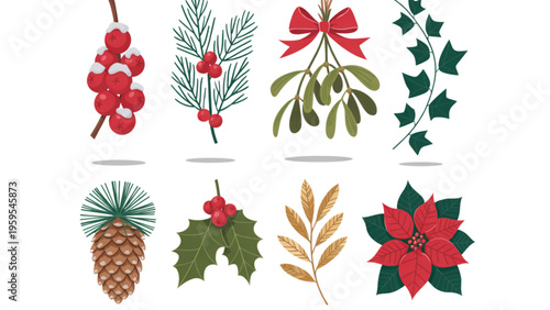 A collection of traditional winter holiday botanical elements featuring festive festive flora Vector