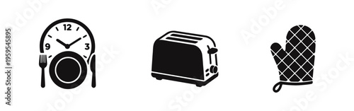 Collection of black kitchen icons including a mealtime clock with a plate and cutlery, an electric toaster, and a quilted oven mitt.