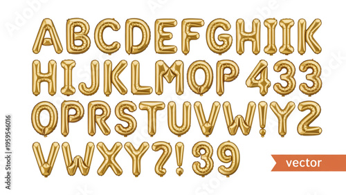 A collection of shiny golden foil balloon letters and numbers for festive party decorations Vector