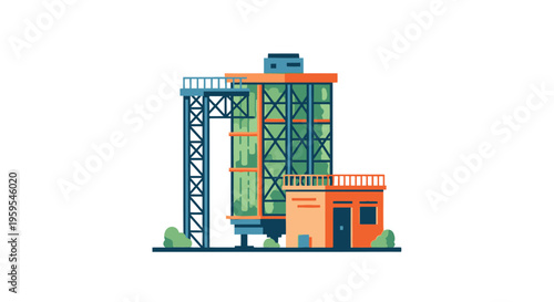 Industrial factory with a tall tower and adjacent small building, illustration
