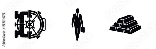Black silhouettes of a vault door, a businessman, and stacked gold bullion symbolizing banking, wealth, and financial security on white background.