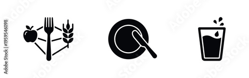 Minimalist black icons representing healthy nutrition, dining, and hydration, featuring an apple, fork, wheat, plate with knife, and glass of water.