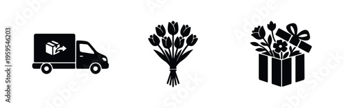 Black icons for flower delivery service featuring a delivery truck, bouquet of tulips, and flowers in a gift box. Minimalist vector illustration.