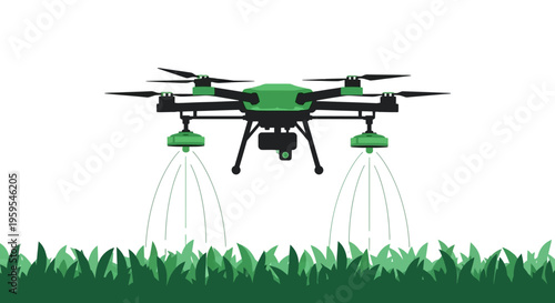 Precision agriculture drone spraying essential nutrients or pest control solutions over lush green crops, symbolizing modern farming technology and efficiency