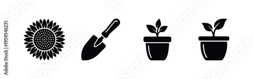 Set of minimalist black gardening icons featuring a sunflower, a hand trowel, and small potted plants on a white background.