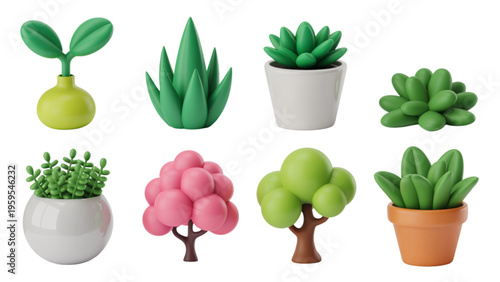 A collection of stylized 3d render illustrations featuring various small potted plants and trees Vector