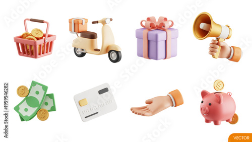 Set of eight 3d rendered icons representing online shopping ecommerce delivery and financial services Vector