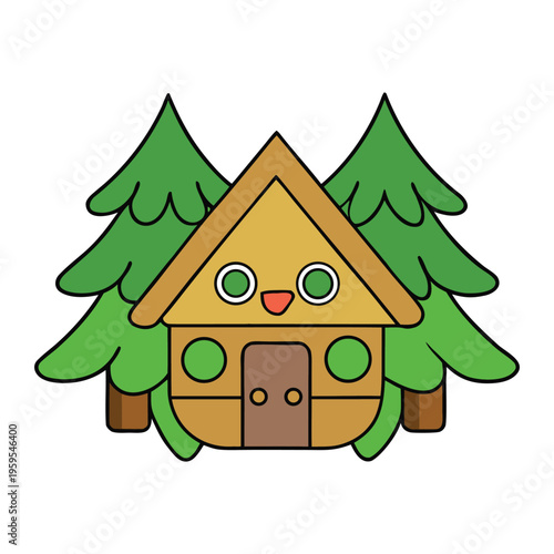 A little forest lodge nestled among tall trees, with rustic wooden walls, soft warm light, and peaceful nature all around—an inviting hideaway perfect for quiet rest and calm.
