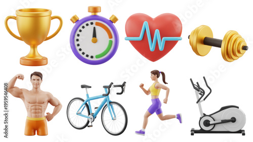 Set of eight 3d icons representing fitness health sports equipment and athletic human figures Vector