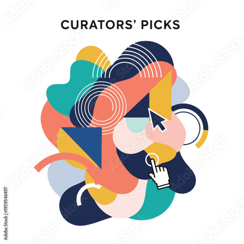 Colorful abstract design with interactive elements and text on a white background