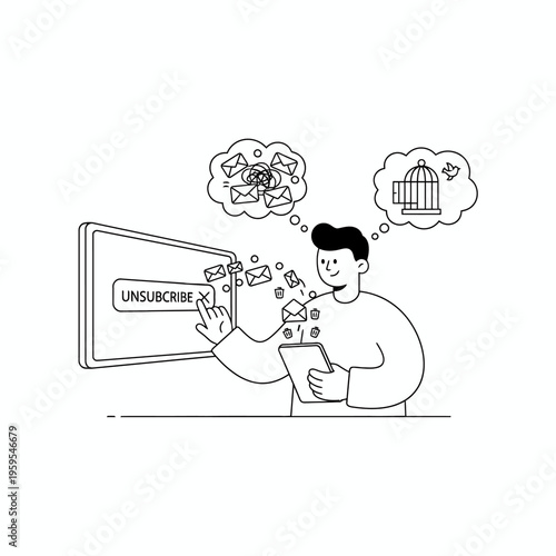 Man Unsubscribing from Emails and Dreaming of Freedom.