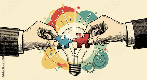 Vintage business collaboration concept with hands connecting puzzle pieces, creative light bulb idea illustration, retro engraved style teamwork vector