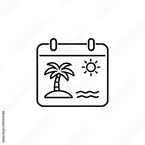 Vacation calendar icon with palm tree beach and sun black and white holiday line vector illustration