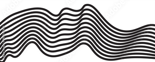 Abstract black wavy stripes forming a flowing, ribbon-like pattern on a white background. design features dynamic curved lines creating a sense of depth, movement, and modern optical style