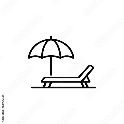 Beach holiday icon minimal line art sun lounger with umbrella black and white vector illustration for summer vacation travel design