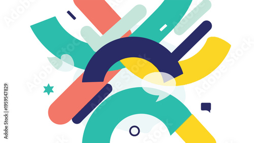 Colorful abstract design with rounded shapes and speech bubbles on a white background