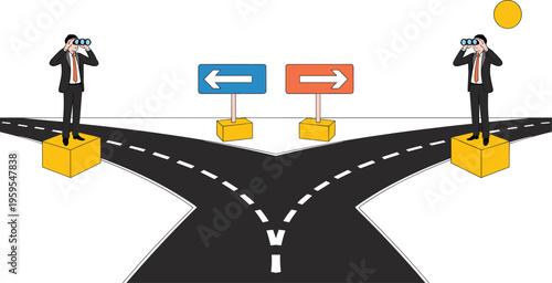 Businessman standing at crossroad, decision choosing direction, left or right strategy, career choice, uncertainty future path, leadership concept illustration vector
