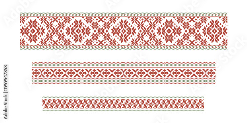 Traditional Baltic sash patterns inspired by Latvian ornamentation. Rhythmic repeating geometric motifs in burgundy and pale green colors reflect folk textile heritage, cultural identity