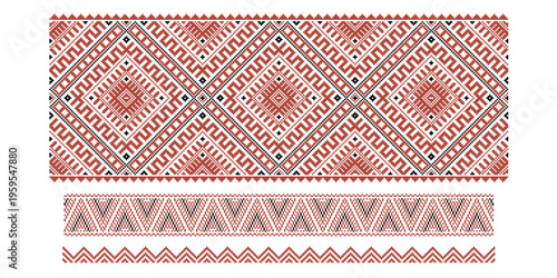 Set of three seamless Latvian folk ornaments in flat style. Traditional ethnic symbols. Decorative repeating patterns in dark red color for textile, branding and packaging design