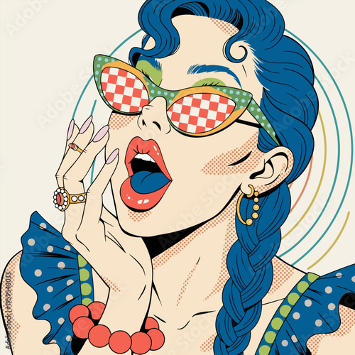 Stylish Young Woman with Blue Hair Wearing Retro Checkered Sunglasses Pop Art Vector Illustration for Fashion Marketing Lifestyle Content and Creative Beauty Branding